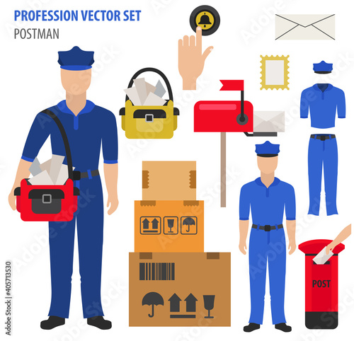 Profession and occupation set. Postman`s equipment, uniform flat design icon