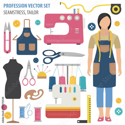 Profession and occupation set. Seamstress and tailor equipment, uniform flat design icon