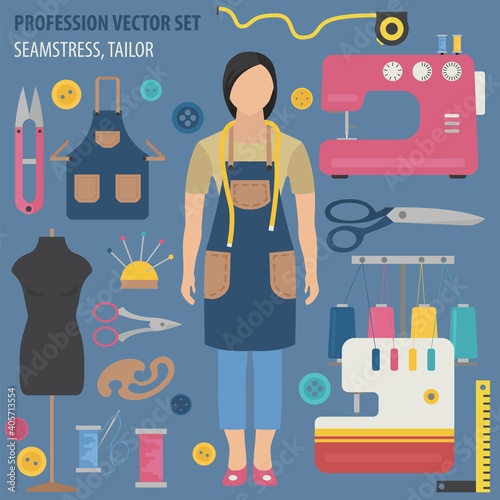 Profession and occupation set. Seamstress and tailor equipment, uniform flat design icon photo