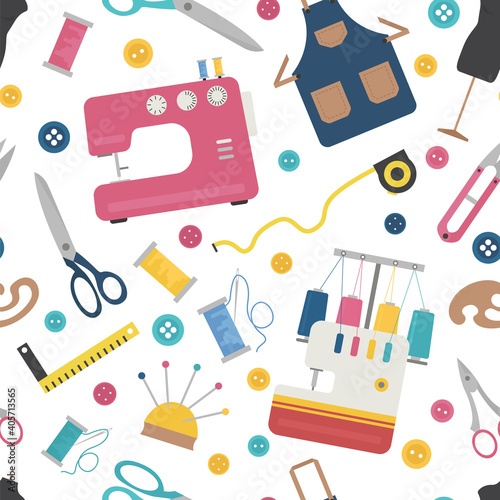 Profession and occupation set. Seamstress and tailor equipment seamless patter, flat design icon