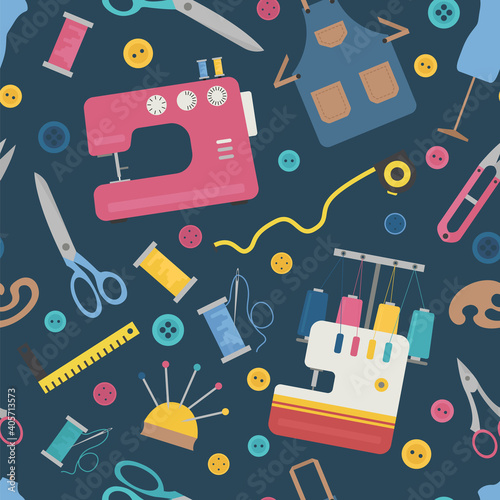 Profession and occupation set. Seamstress and tailor equipment seamless patter, flat design icon