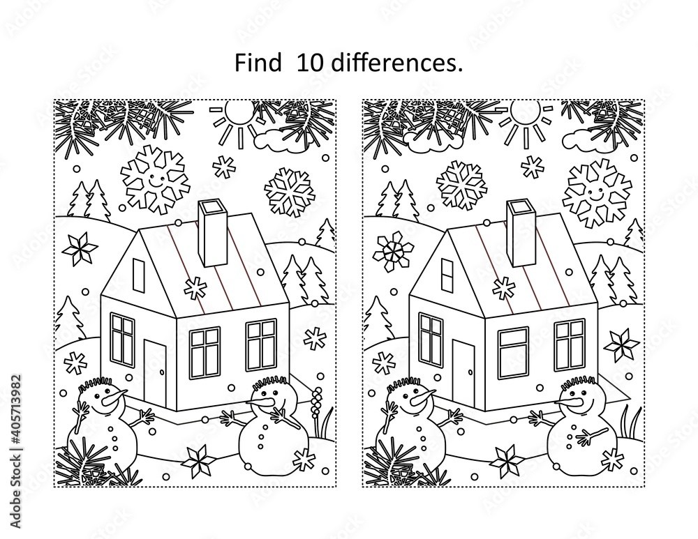 Find 10 differences visual puzzle and coloring page with cabin in winter with two snowmen
