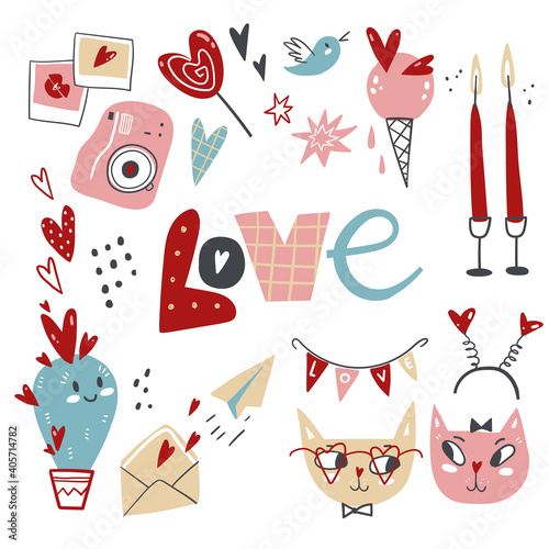 Doodle collection of Valentines Day symbols and elements. Characters, objects, gifts and decorations in cute simple style