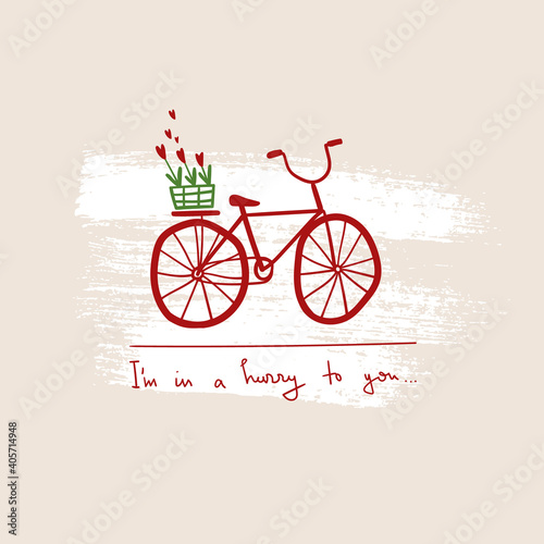 Simple greeting card with vintage bicycle and love flowers.