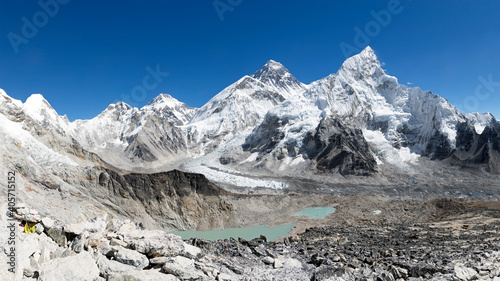 Panoramic view of Mount Everest, Nuptse and Khumbu Icefalls from Kala Patthar, Sagarmatha National Park, Nepal