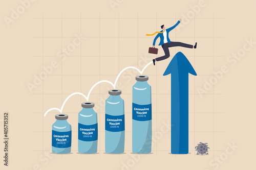 COVID-19 vaccine successfully develop and build herd immunity to make world economic and business recover concept, businessman jumping on Coronavirus vaccine bottle to rising arrow economic chart.