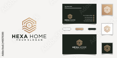 hexagon abstract house logo design template and business card