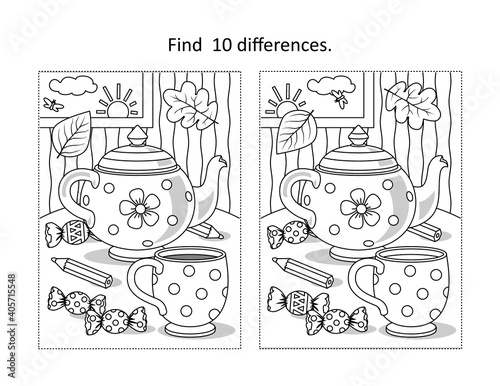 Cup and teapot find the differences picture puzzle and coloring page
