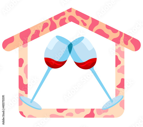 Romantic dinner at home. Two glasses of wine. Atmosphere, during coronavirus self isolation, quarantine. Virtual dating concept. Vector illustration