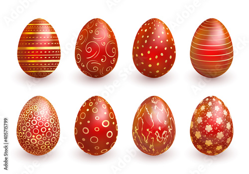 Red Easter eggs wtth doodle gold geometry patterns on white background. Vector illustration set for holiday Easter card