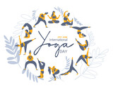21 june- illustration of international yoga day. Banner. Vector illustration Yoga exercises. Women silhouettes set. Studio yoga