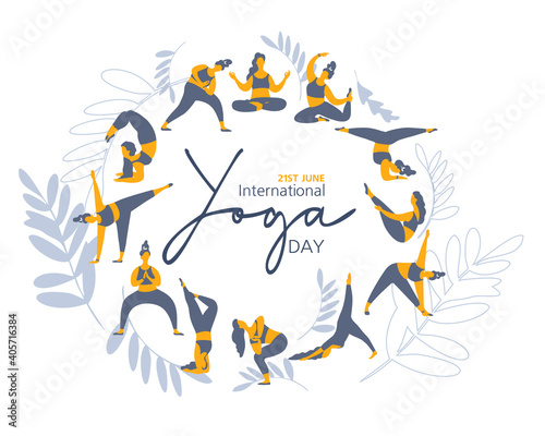 21 june- illustration of international yoga day. Banner. Vector illustration Yoga exercises. Women silhouettes set. Studio yoga