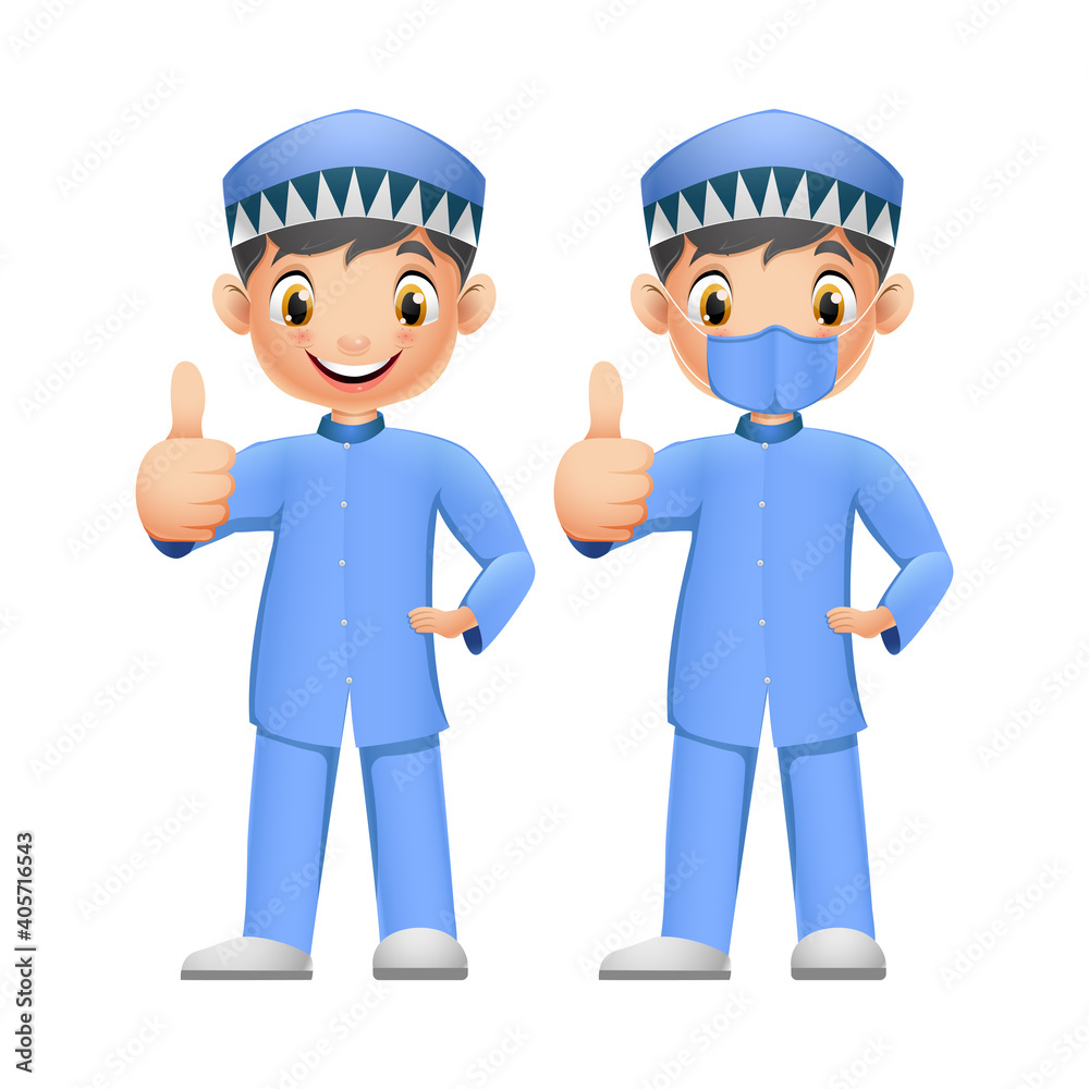 Cute two Muslim boy showing a thumb up with face mask Cute two Muslim boy showing a thumb up with face mask