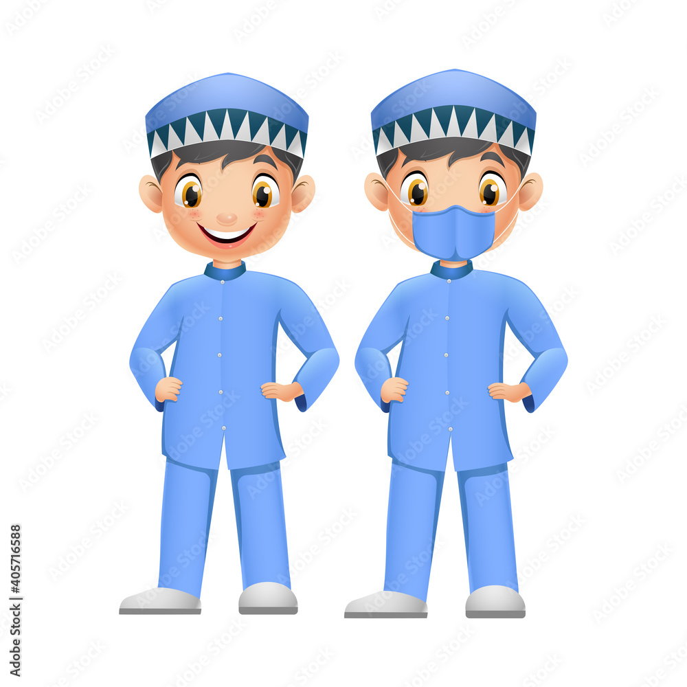 Cute two boys in blue Muslim clothes with face mask Cute two boys in blue Muslim clothes with face mask
