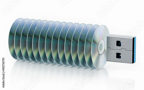 USB pen drive with stacked discs isolated on white background. 3D illustration