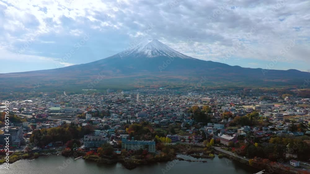 Aerial view of mount Fuji over lake Kawaguchi in Yamanashi Japan Aerial view of mount Fuji over lake Kawaguchi in Yamanashi Japan