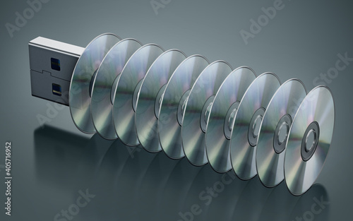 USB pen drive with stacked discs isolated on black background. 3D illustration