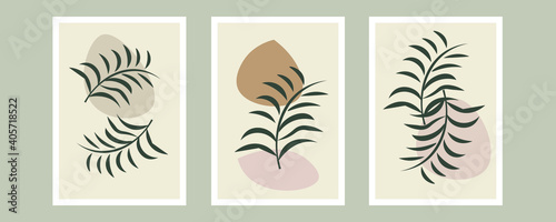 Botanical wall art vector set. Foliage line art drawing with abstract shape. Abstract Plant Art design for print, cover, wallpaper, Minimal and natural wall art. Vector illustration. 
