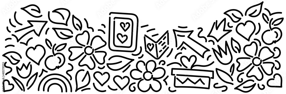 Doodle hand drawing love, hearts, flowers, stars, gifts, design elements on white background. Doodle hand drawing love, hearts, flowers, stars, gifts, design elements on white background.