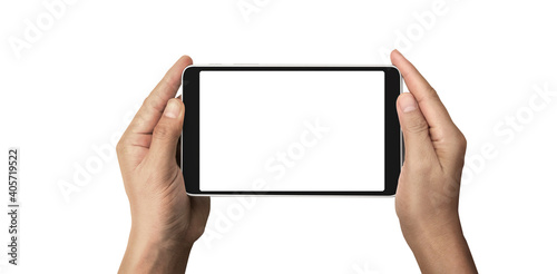 Hands holding  tablet touch computer gadget with isolated screen