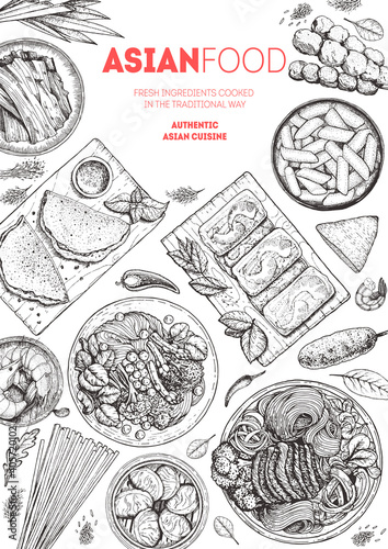 Chinese Food menu design template, engraved elements. Asian cuisine sketch collection. Hand drawn vector illustration. Asian food doodle sketch vector illustration. Vintage design.