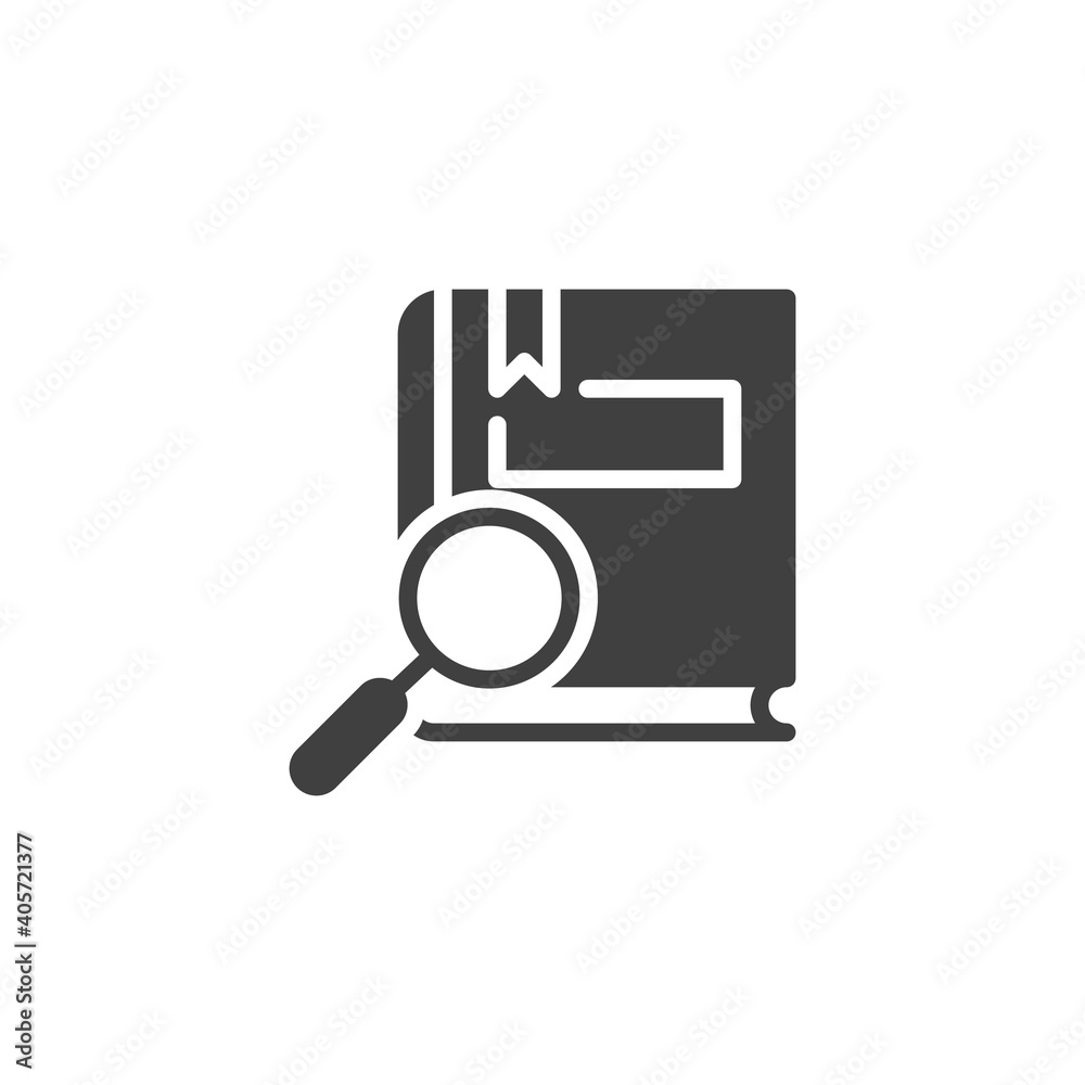 Book search vector icon. filled flat sign for mobile concept and web design. Book and magnifying glass glyph icon. Symbol, logo illustration. Vector graphics