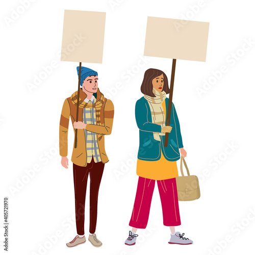 Couple Protesters man and woman holding empty banners. Activists protesting, political meeting, strike human rights. Vector illustration