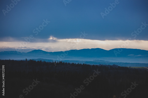 View on Sudetes mountains in sunset winter time