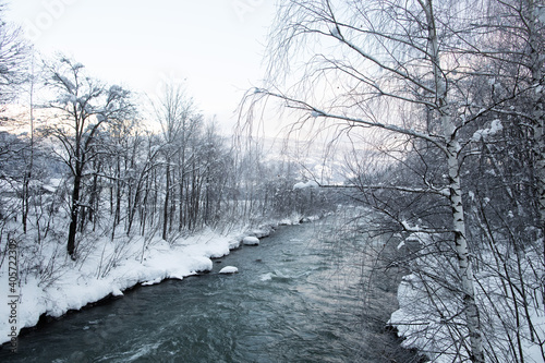 Winter view on the River Drava in East Tyrol close to Lienzer Dolomites.