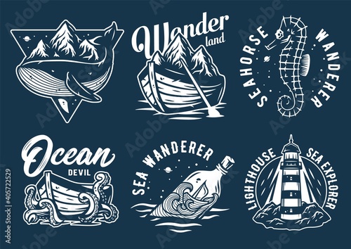 Marine print set with seahorse and boat. Octopus, whale and bottle. Monochrome t-shirt nautical apparel design