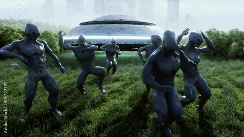 funny aliens dancing in the meadow near the UFO spaceship. Realistic 4k animation.