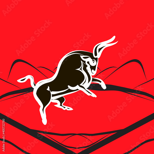 Powerful angry bull reared up. Side view. Hand-drawn. Black buffalo silhouette. White outline. Symbol of strength  power  fertility. For corrida  logo  trademark farm. Minimalistic style. Vector EPS10