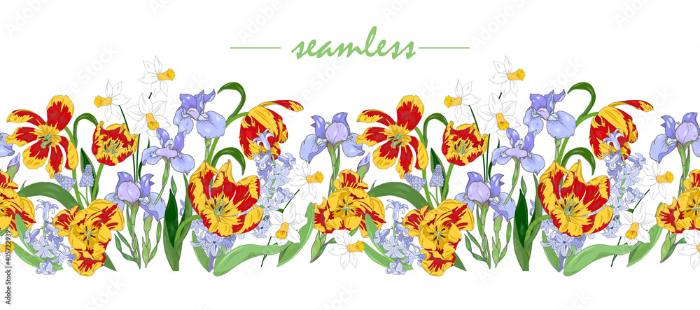 Seamless border of spring flowers