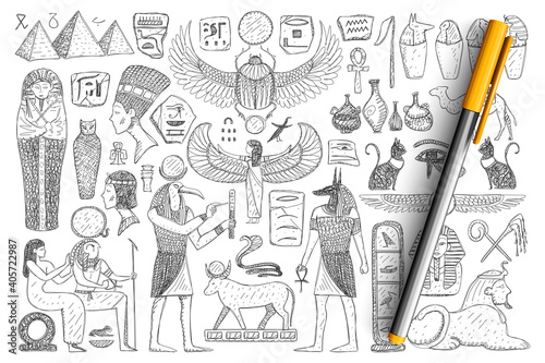 Ancient Egyptian symbols doodle set. Collection of hand drawn pyramids, pharaoh, priest, religious signs and holy sacred symbols isolated on transparent background. Illustration of Ancient Egypt