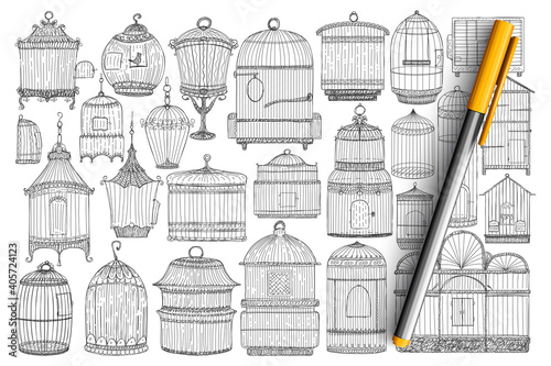 Cages for birds doodle set. Collection of hand drawn elegant vintage cages for birds for home or garden of different styles and shapes isolated on transparent background. Illustration of animal house