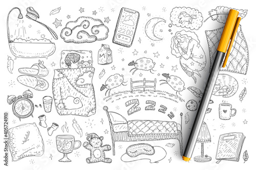 Morning and sleeping rituals doodle set. Collection of hand drawn bedroom with bed and blankets, sleeping people, alarm clock, counting sheep and home accessories isolated on transparent background
