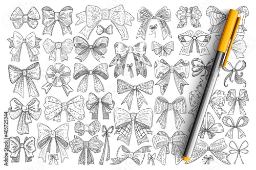 Various decorative bows doodle set. Collection of hand drawn elegant bows made of textile or ribbons for decorating presents or hair isolated on transparent background. Illustration of accessory