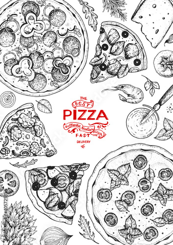 Italian pizza and ingredients top view frame. Italian food menu design template. Vintage hand drawn sketch, vector illustration. Engraved style illustration. Pizza label for menu.