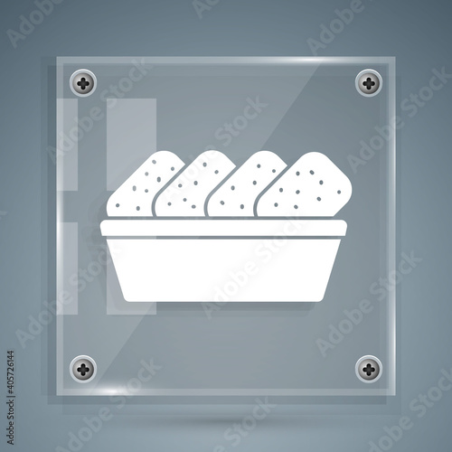 White Chicken nuggets in box icon isolated on grey background. Square glass panels. Vector Illustration.
