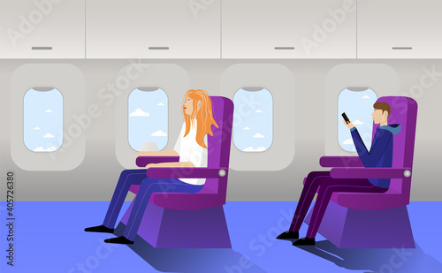 People travel by airplane in economy class. Vector flat cartoon illustration. Young mother travel with infant baby. Plane interior with sleeping and working passengers.