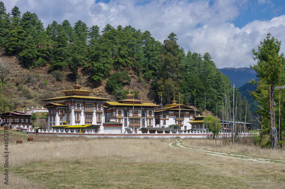 Scenic landscape view of ancient Kurjey lhakhang temple complex in Bumthang valley, Bhutan