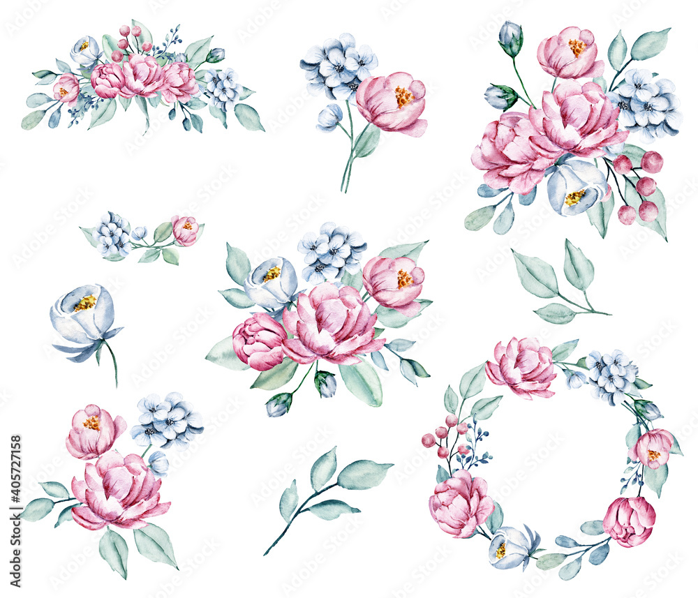 Set flowers, pink and blue vintage arrangements, watercolor drawing. Isolated on white background.	