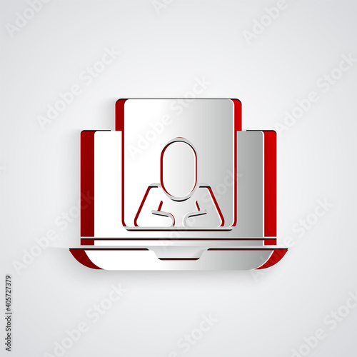 Paper cut Online psychological counseling distance icon isolated on grey background. Psychotherapy, psychological help, psychiatrist online consulting. Paper art style. Vector.