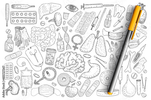 Medical recovery elements doodle set. Collection of hand drawn drugs treatment heating pad, thermometer, adhesive plaster, enema, dropper, vitamins and fruits isolated on transparent background