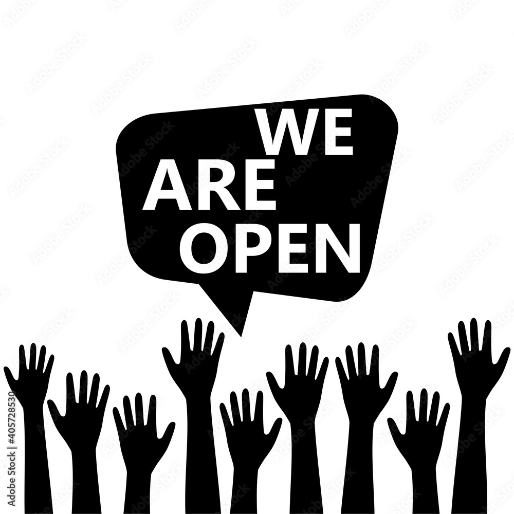 We are Open. Speech bubble with hands icon isolated on white background We are Open. Speech bubble with hands icon isolated on white background