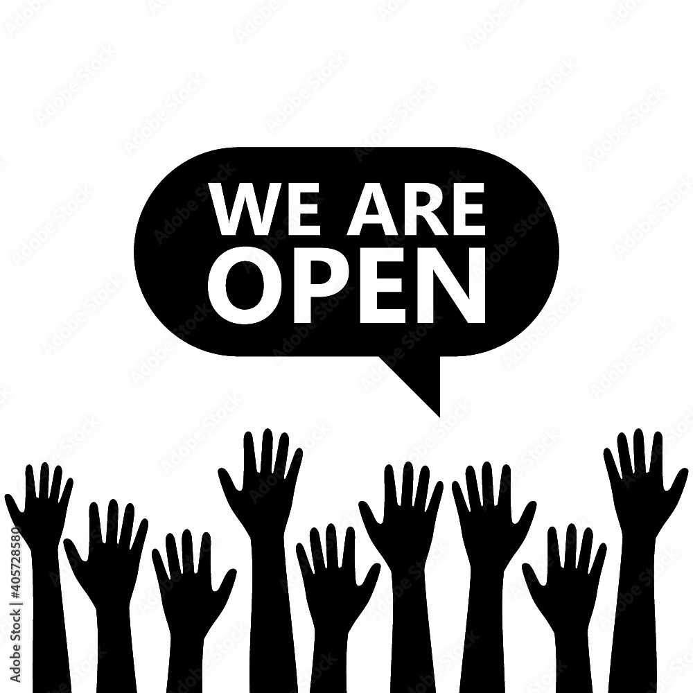 We are Open. Speech bubble with hands icon isolated on white background We are Open. Speech bubble with hands icon isolated on white background