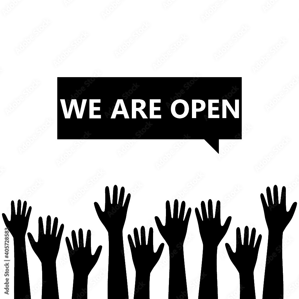 We are Open. Speech bubble with hands icon isolated on white background We are Open. Speech bubble with hands icon isolated on white background