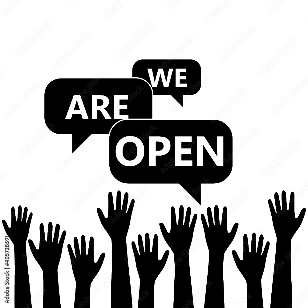 We are Open. Speech bubble with hands icon isolated on white background We are Open. Speech bubble with hands icon isolated on white background