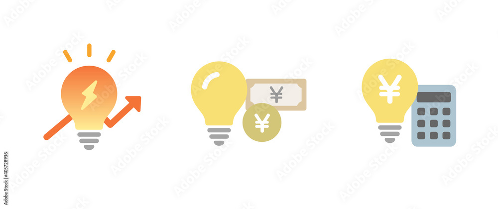 電気代のアイコンセット 電力 電気料金 電球 イラスト 光熱費 生活費 節電 ライト Stock Vector Adobe Stock