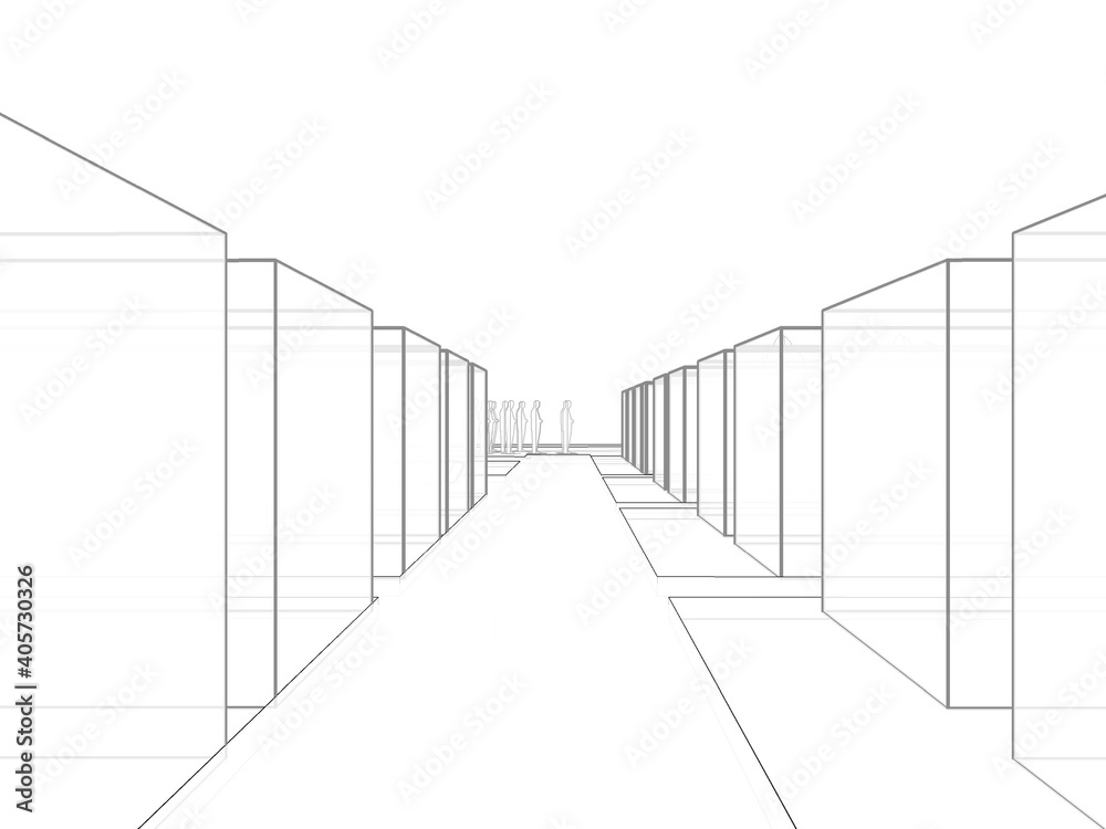 Abstract 3d illustration perspective of linear road with modular blocks at both sides. People seen at deep end of the road. Scene in transparent mode.  - obrazy, fototapety, plakaty 